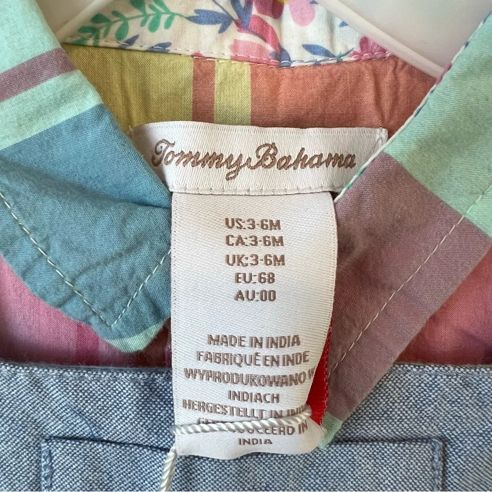 Tommy Bahama Kids 3 Piece Set Size 3-6M Plaid Shirt Romper Chambray Overalls Hat